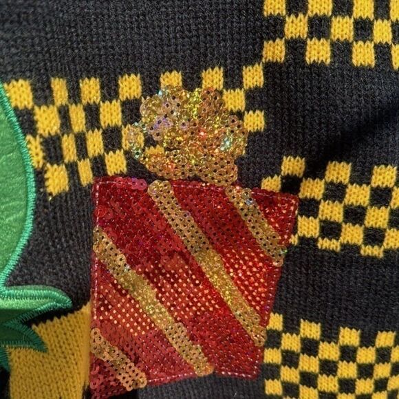 Holiday Time T-Rex Dinosaur Checkered Sequin Present Christmas Sweater S - Picture 5 of 10